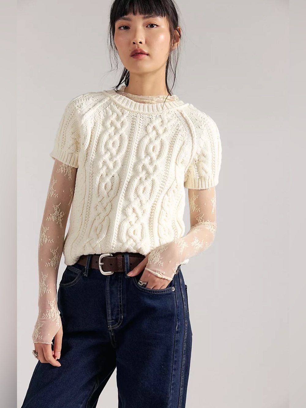 Free People Bubblegum Cable Knit Pullover in cream size medium